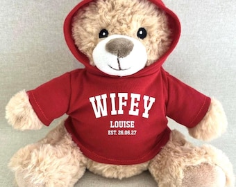 Personalised Hoodie Wifey or Hubby Teddy Bear, Black White Navy Pink Blue Purple Green Red Keepsake Bear, Anniversary Wedding EST Date Bear