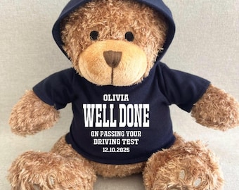 Personalised Passed Driving Test Hoodie Bear, Congrats Well Done Keepsake Gift Teddy, Blue Pink Green Red Purple Black White Hoody Bear