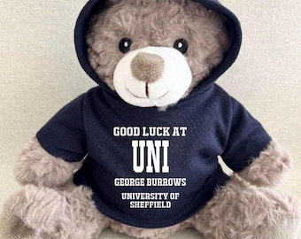 Personalised University Good Luck Hoodie Bear, Good Luck at Uni Keepsake Teddy, Black White Navy Green Blue Red Pink Purple Hoody Uni Bear