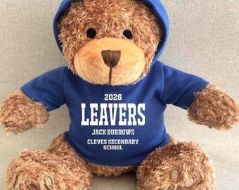 Personalised Leavers 2026 Hoodie Bear, Class Of 2026 Keepsake Teddy, School Graduate Red Green Royal Blue Navy Purple Pink Hoodie Gift Bear