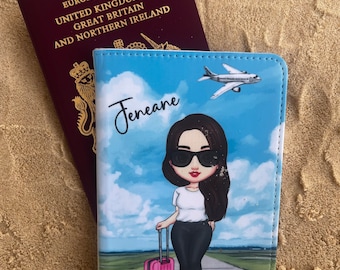 Personalised Passport Caricature   Cover, Travel Woman Custom Faux Leather Passport Holder, Girl Caricature Gift, Fun Airport Holiday gift