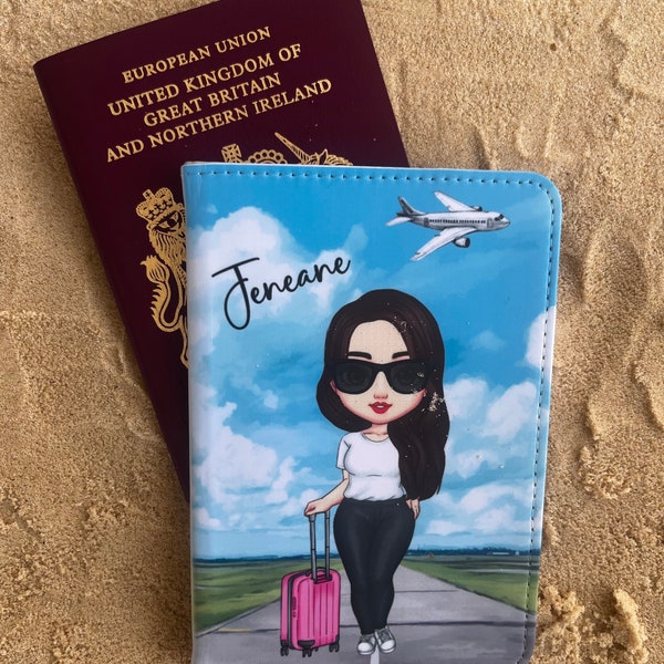 Personalised Passport Caricature   Cover, Travel Woman Custom Faux Leather Passport Holder, Girl Caricature Gift, Fun Airport Holiday gift