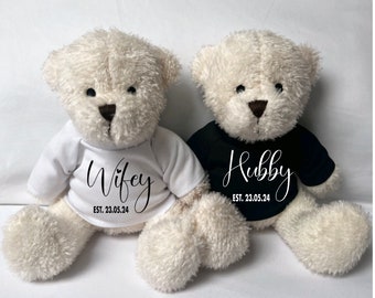 Custom Est Date Wifey Hubby Teddy Bear, Matching Couple Bear, Wedding Gift Newlywed Keepsake Bear, Black White T-Shirt Wife Husband Gift