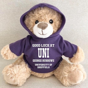 May include: A light brown plush teddy bear wearing a purple hooded sweatshirt. The hoodie features white text that reads GOOD LUCK AT UNI, GEORGE BURROWS, UNIVERSITY OF SHEFFIELD. The bear has dark eyes, a stitched nose, and soft fur texture.