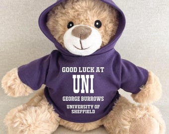 Personalised University Good Luck Hoodie Bear, Good Luck at Uni Keepsake Teddy, Black White Navy Green Blue Red Pink Purple Hoody Uni Bear