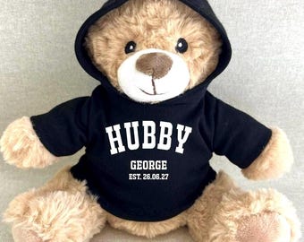 Personalised Hoodie Wifey or Hubby Teddy Bear, Black White Navy Pink Blue Purple Green Red Keepsake Bear, Anniversary Wedding EST Date Bear