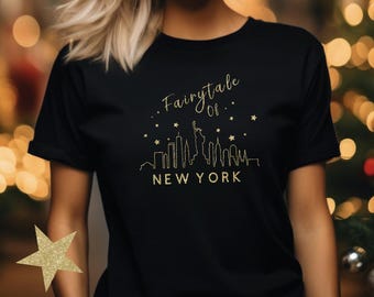 Glitter Fairytale Of New York Skyline Christmas T Shirt, Sparkly Gold Red Silver Xmas TShirt, 100% Cotton Black White  Unisex Festive Tee