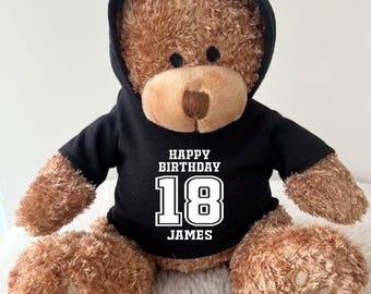 Personalised Any Age Happy Birthday Hoodie Bear, Name Keepsake Teddy Bear, Glitter Foil Hooded Teddy, 16 18 21 30 40 50 60 70 80 Gift Bear