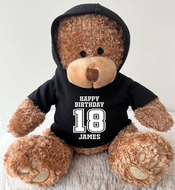 Personalised Any Age Happy Birthday Hoodie Bear, Name Keepsake Teddy Bear, Glitter Foil Hooded Teddy, 16 18 21 30 40 50 60 70 80 Gift Bear
