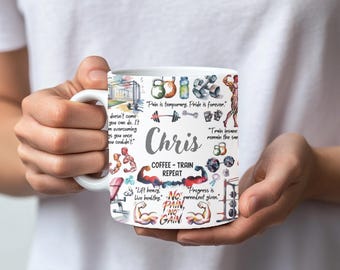Personalised Coffee / Tea Train Repeat Ceramic Mug / Coaster, Gym Quote Full Print Mug Gift, Birthday Gifts, Weight Training Coffee Tea Mug