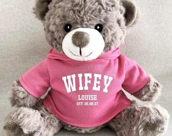 Personalised Hoodie Wifey or Hubby Teddy Bear, Black White Navy Pink Blue Purple Green Red Keepsake Bear, Anniversary Wedding EST Date Bear