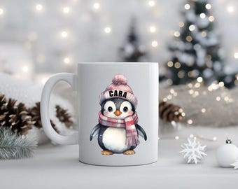 Personalised Penguin Christmas Mug Ceramic Coaster, Blue Pink Watercolour Penguin Mug, Cosy Hot Chocolate Mug For Him  Her, Xmas Penguin Mug