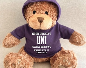 Personalised University Good Luck Hoodie Bear, Good Luck at Uni Keepsake Teddy, Black White Navy Green Blue Red Pink Purple Hoody Uni Bear