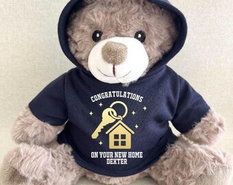 Personalised New Home Bear, Congratulations Gold Foil Key House Gift, White Black Navy Red Blue Green Purple Pink Hoodie Housewarming Bear