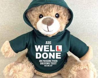 Personalised Passed Driving Test Hoodie Bear, Congrats Well Done New Driver Keepsake Bear, Blue Pink Green Red Purple Navy Black Hoody Bear