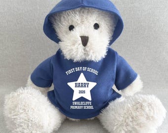 Personalised First Day of School Hoodie Bear, 1st School Pink Blue Red Green Navy White Purple Hoodie Keepsake Primary School 2026 Bear