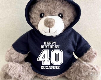 Personalised Any Age Happy Birthday Hoodie Bear, Blue Pink Navy Green Red Purple Black White Hoody Bear, 18 21 30 40 50 60 Keepsake Bear