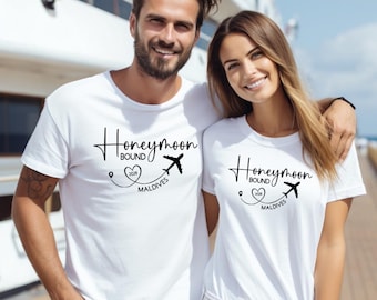 Personalised Honeymoon Bound T-Shirts, Matching Couple Unisex T Shirts, Custom Year Heart Destination Black White Top, 100% Cotton Tee
