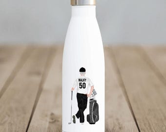Personalised Any Age Golf Man Water Bottle, 18th 21st 30 40 50 60 Milestone Ceramic Golf Coaster, Keepsake Leakproof Stainless Steel Bottle