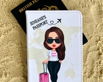 Personalised Caricature Passport  Cover, Travel Woman Custom Faux Leather Passport Holder, Good Vibes World Map Passport Cover