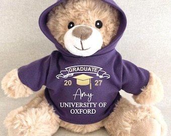 Personalised Graduation Hoodie Bear, Gold Foil Graduate 2026, Red Green Navy Blue Purple Pink Black Keepsake Teddy, Custom Graduation Year