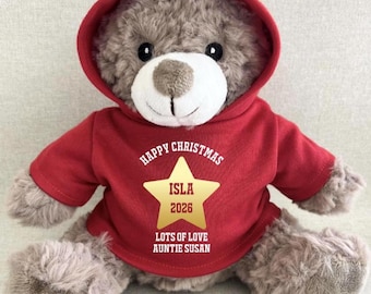 Personalised Happy Christmas Gold Star Hoodie Bear,  Christmas 2026 Red Green Navy Blue Pink Purple White Hoodie Keepsake Any Age Xmas Bear