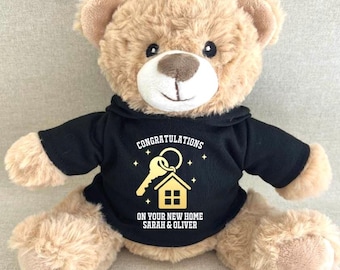 Personalised New Home Bear, Congratulations Gold Foil Key House Gift, White Black Navy Red Blue Green Purple Pink Hoodie Housewarming Bear