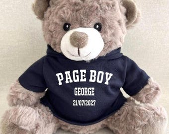 Personalised PageBoy Bear, Thank You Page Boy Teddy, Blue Red, Green, Navy, Purple Black White Hoodie Pageboy Keepsake Bear Gift