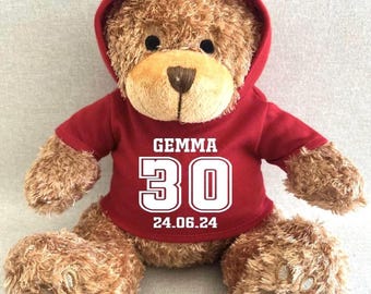 Personalised Any Age Birthday Date Hoodie Bear, Blue Pink Navy Green Red Purple Black White Hoody Bear, 18 21 30 40 50 60 Keepsake Bear