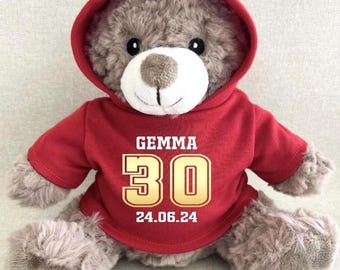 Personalised Any Age Gold Foil Birthday Hoodie Bear, Blue Pink Navy Green Red Purple Black White Hoodie Teddy, 18 21 30 40 50 60 70 80 Gift