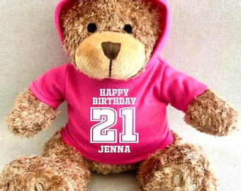 Personalised Any Age Happy Birthday Hoodie Bear, Blue Pink Navy Green Red Purple Black White Hoody Bear, 18 21 30 40 50 60 Keepsake Bear