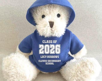 Personalised Leavers 2026 Hoodie Bear, Class Of 2026 Keepsake Teddy, School Red Green Royal Blue Navy Purple Pink White Black Graduate Gift