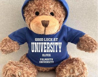 Personalised University Good Luck Hoodie Bear, Good Luck at Uni Keepsake Teddy, Black White Navy Green Blue Red Pink Purple Hoody Uni Bear