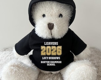 Personalised Leavers 2026 Hoodie Bear, Class Of 2026 Keepsake Teddy, Black White Gold Foil University Bear, School College Graduation 2026
