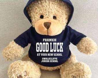 Personalised New School Hoodie Bear, Good Luck Primary Secondary Keepsake Teddy, White Black Navy Red Blue Green Purple  Hoody Bear Gift