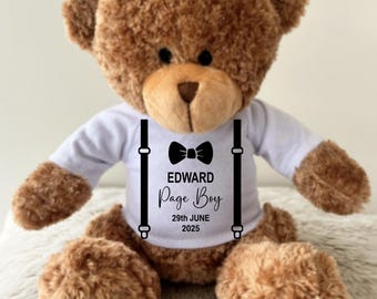 Personalised Page Boy Proposal Bear, Thank You Page Boy Teddy, Keepsake Gifts Any Age Bear, Will You Be My Pageboy Black Bow Tie Braces Bear