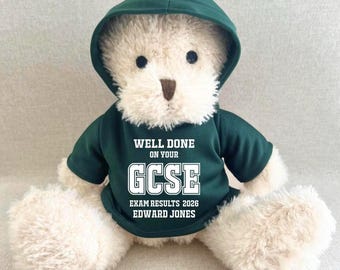 Personalised GCSE Hoodie Bear, Well Done 2026 Exam Results Keepsake Teddy, White Black Navy Red Blue Green Purple  Hoody Teddy Bear Gift