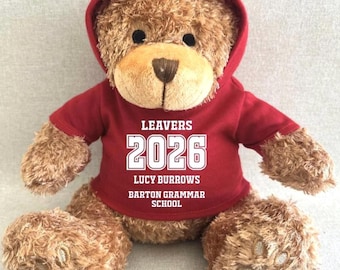 Personalised Leavers 2026 Hoodie Bear, Class Of 2026 Keepsake Teddy, School Red Green Royal Blue Navy Purple Pink Hoodie Leavers Gift Bear