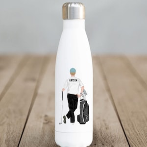 Personalised Golf Man Water Bottle, Golfer Stainless Steel Bottle, Ceramic Coaster, Name Golf Gift, Golf Gift For Dad, Fathers Day Birthday