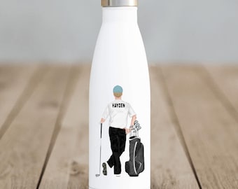 Personalised Golf Man Water Bottle, Golfer Stainless Steel Bottle, Ceramic Coaster, Name Golf Gift, Golf Gift For Dad, Fathers Day Birthday