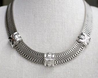 Seltene Art Deco gewebte Kette 16 "Choker Halskette mit Repousse Stationen