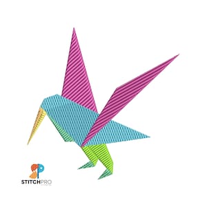 May include: A colorful origami bird with pink, blue, green, and yellow paper. The bird is in a flying position with its wings spread out.