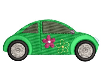 May include: A green toy car with black wheels and two flower decals. The flower decals are pink and yellow.