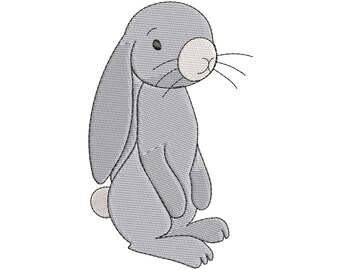 Puede incluir: Un conejo gris bordado con orejas largas, una cola pequeña y una nariz blanca. El conejo está en posición sentada, con las patas juntas. El diseño es una ilustración sencilla, tipo caricatura.