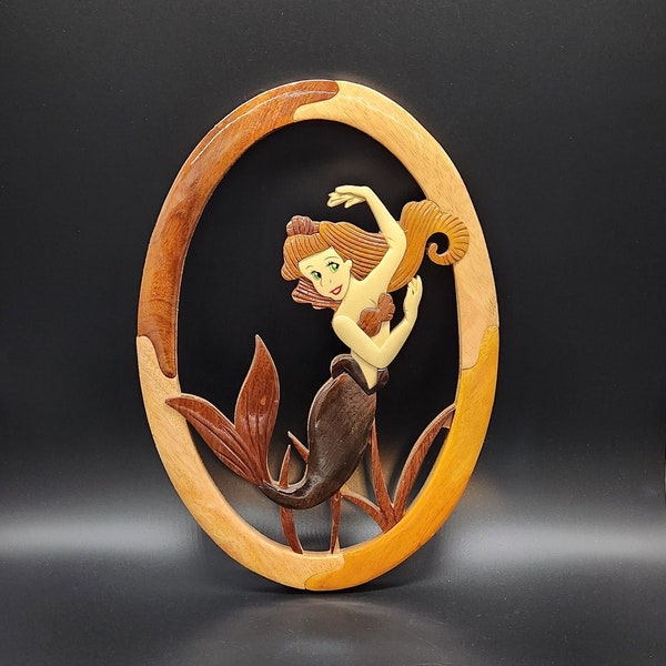 Handmade Intarsia Wood Little Mermaid 3D Wall Art, Ready to Hang