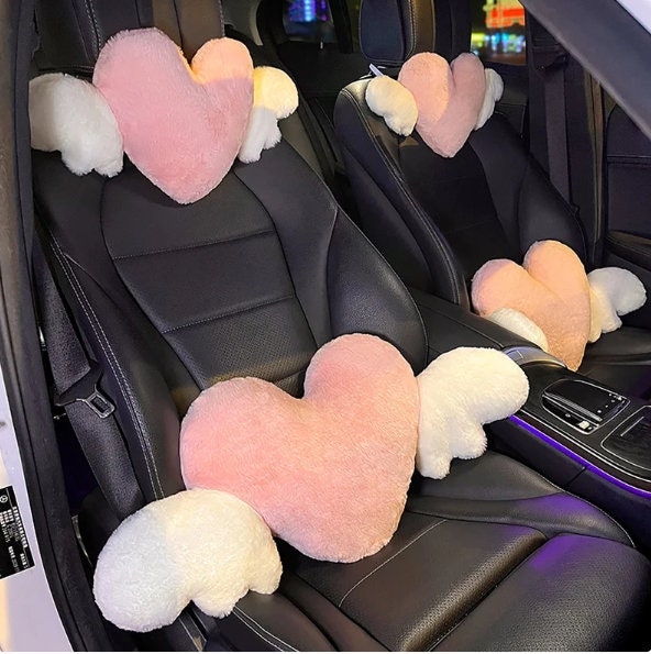 2 Pack Heart Shaped Cute Car Headrest Pillow with Angel Wings - Comfortable  Soft Head Rest Cushion Kawaii Car Accessories Neck Pillow for Driving