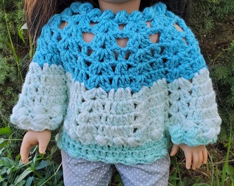 OOAK Handmade PONCHO blue white green soft acrylic yarn designed to fit 18" AG and Our Generation doll ready for shipping #101017