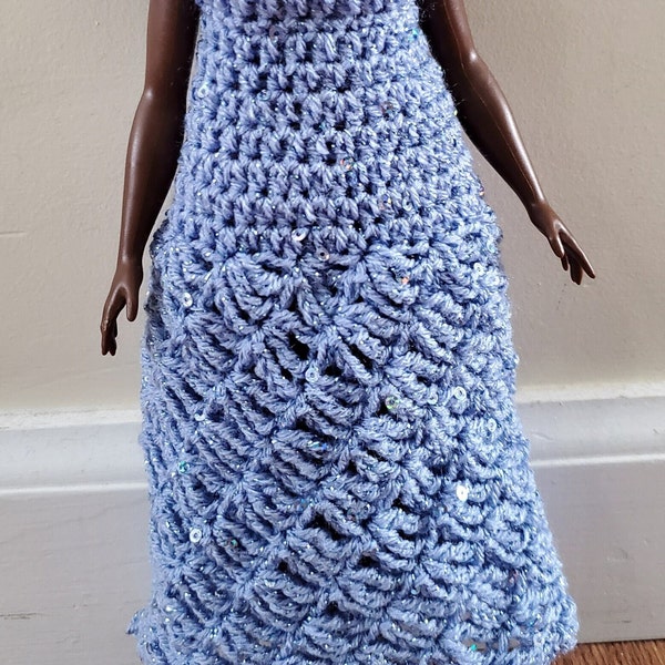 Blue sequins DRESS acrylic to fit curvy 11.5" doll crochet pattern for beginners #3110 DIY easy unique OOAK