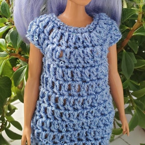 Crochet pattern for beginners DIY dress blue soft acrylic yarn with sequins to fit curvy 11.5&quot; doll 1/6 scale doll #3096
