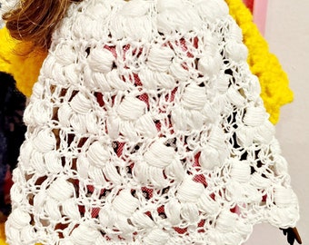 Handmade Crochet Lace Poncho: White Cotton Cape for Curvy 11.5" Doll